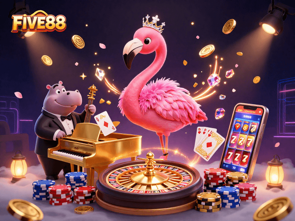 Catch the excitement with FIVE88's vibrant casino scene featuring a flamingo singer and hippo bassist.