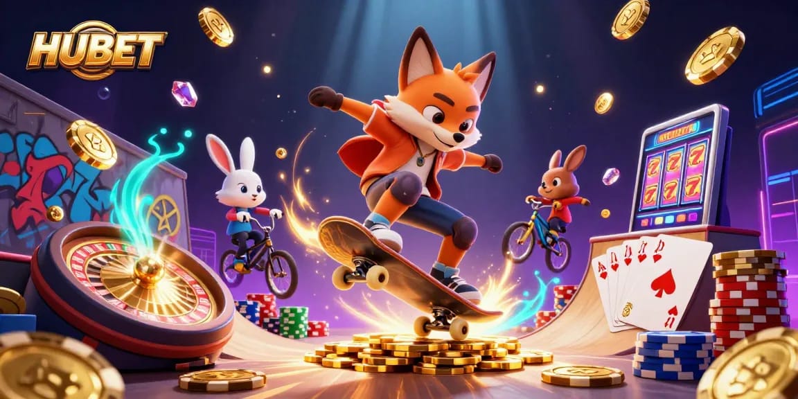 HUBET showcases thrilling online gambling with a fox and rabbit in a vibrant, energetic casino scene.