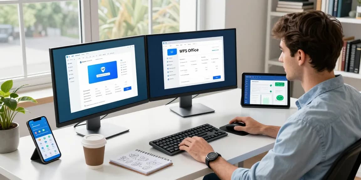 Explore the WPS Download interface in a vibrant tech workspace featuring dual monitors and productivity tools.