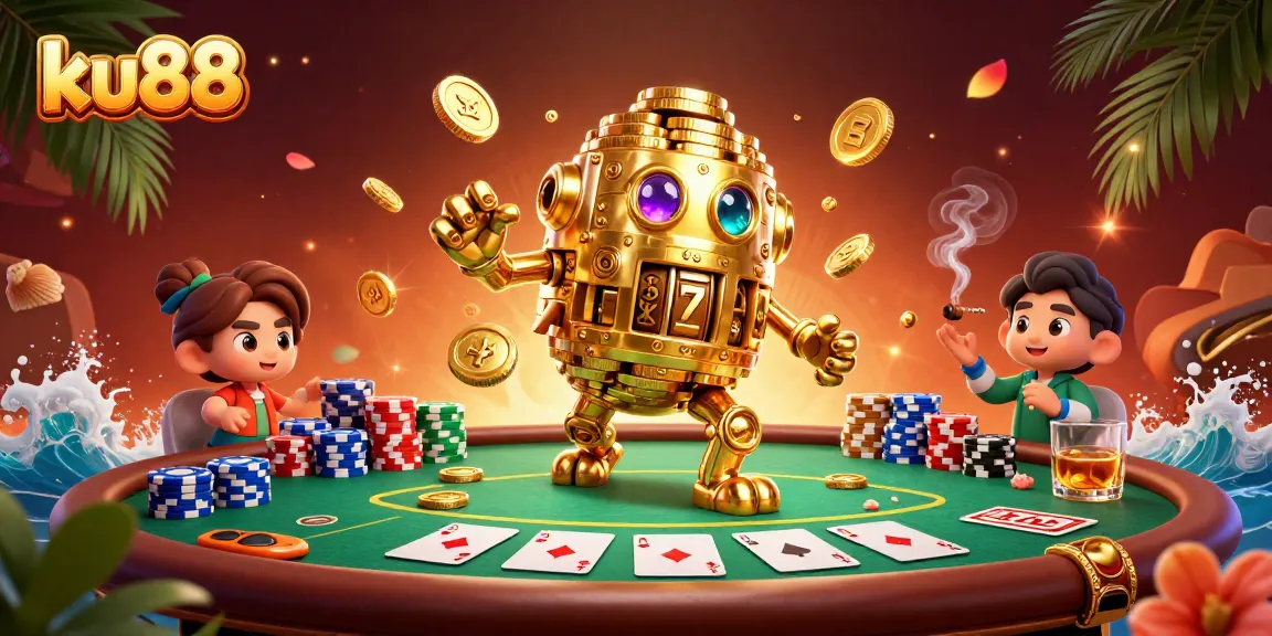 Play poker with ku88 in an ultra-detailed 3D illustration showcasing a golden golem and dynamic casino elements.