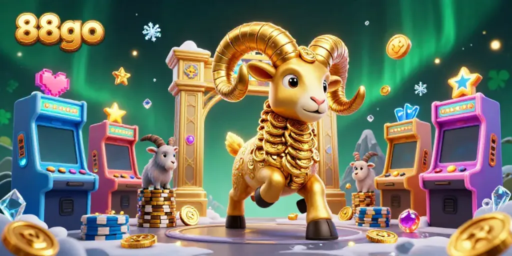 Engage with 88go’s thrilling casino adventure featuring a golden ram charging through a vibrant gaming scene.