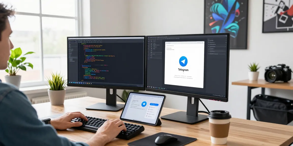 Download Telegram app while a developer codes on dual monitors in a modern workspace.