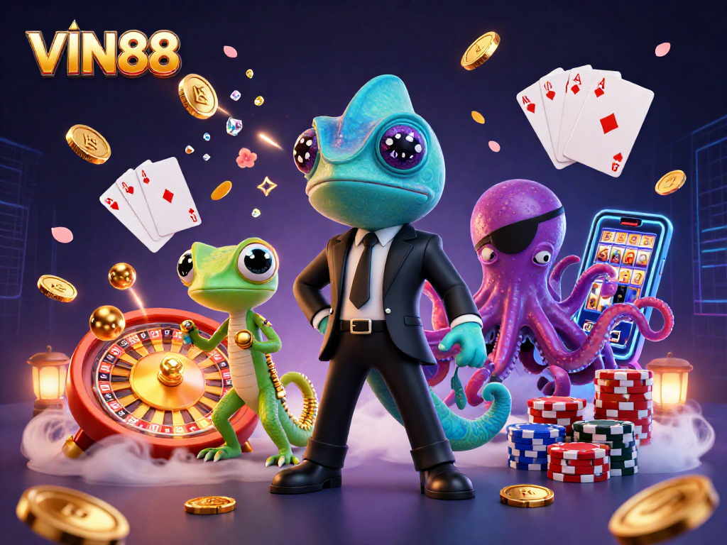 Experience thrilling gameplay at VIN88 with colorful characters and exciting casino elements.
