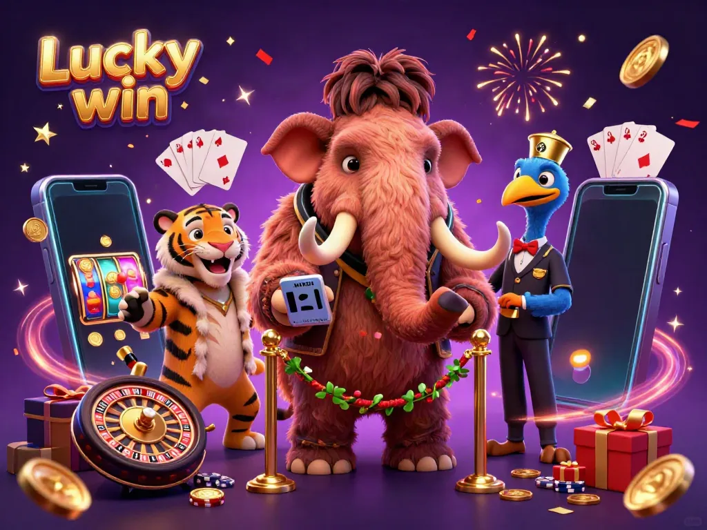 Experience a vibrant scene at Lucky win casino with a woolly mammoth bouncer, saber-tooth VIP, and engaging game elements.