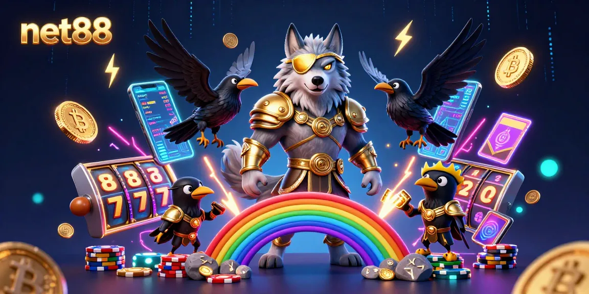 Engaging net88 gaming experience with Odin and ravens amidst vibrant casino elements.