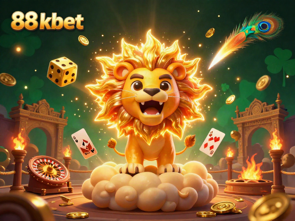 Engage in thrilling gaming action at 88 kbet, featuring an epic 3D lion, golden dice, and vibrant casino elements.