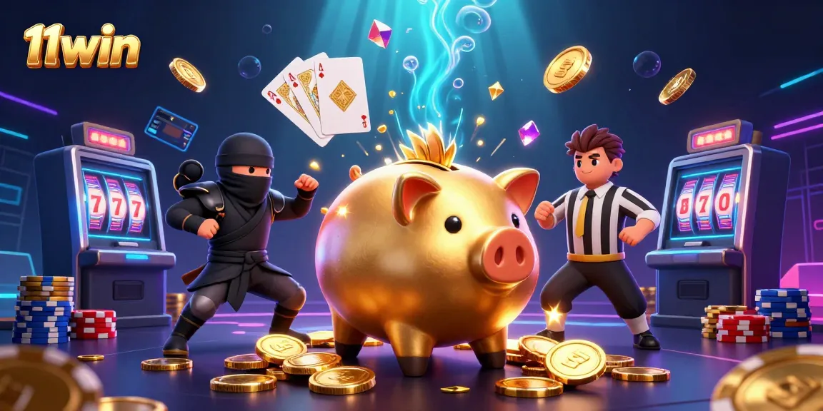 Engage with 11win's vibrant casino action featuring a golden sumo wrestler, throwing coins, surrounded by colorful gaming elements.