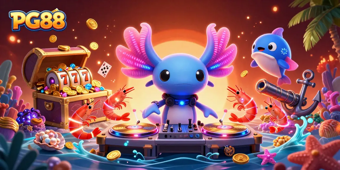 Experience PG88's vibrant underwater casino scene with a neon axolotl DJ and treasure elements.