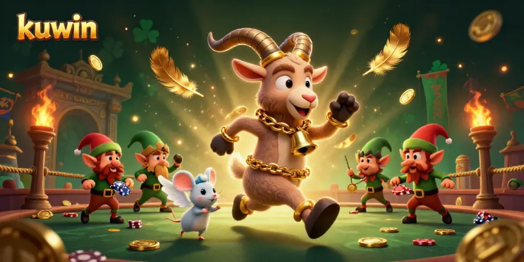 Kuwin casino scene featuring Krampus goat, angel mouse, and elf gremlins in chaotic fun.