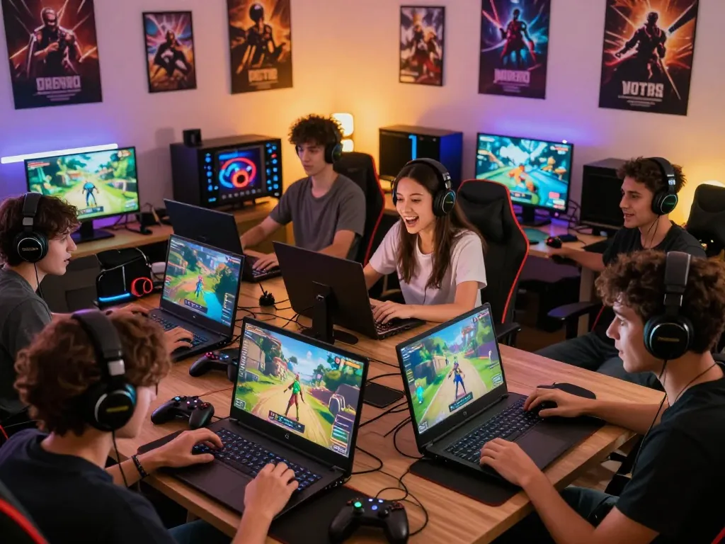Group of gamers enjoying a lively porno game experience on various devices in a cozy, colorful setting.