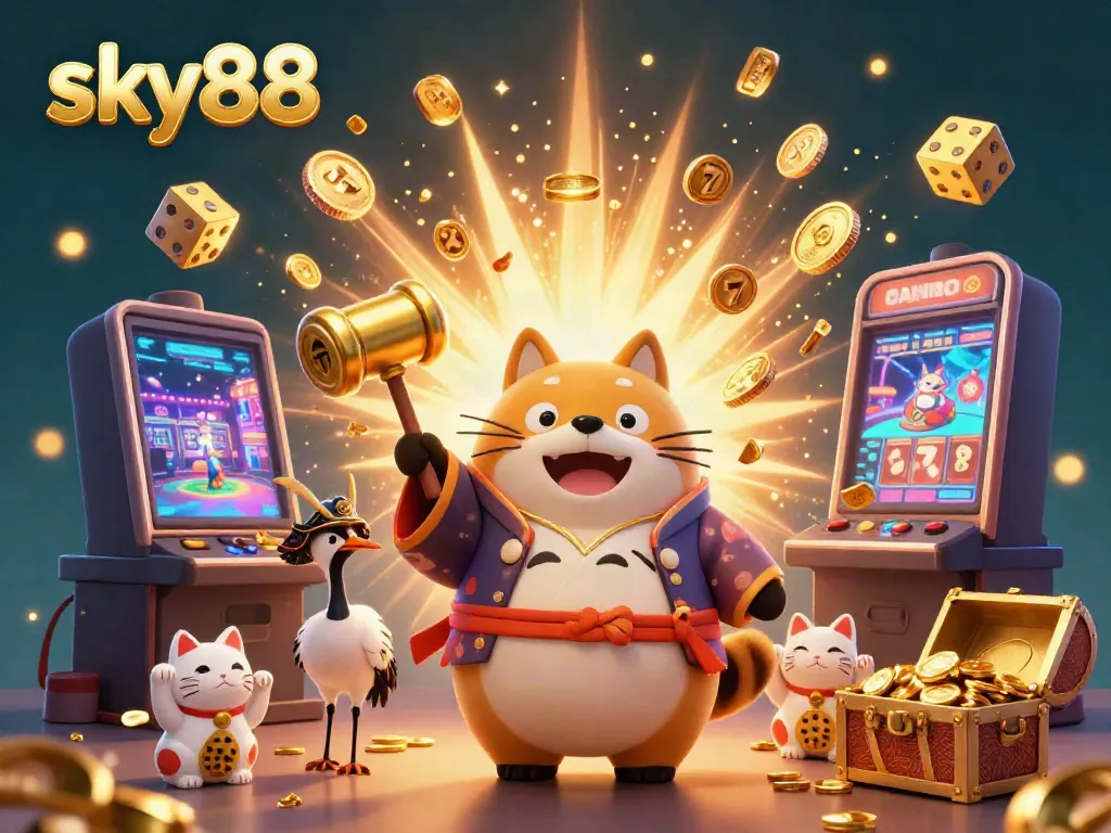 Experience the excitement of sky88 with a cheerful tanuki and fortune cats amidst a jackpot explosion.