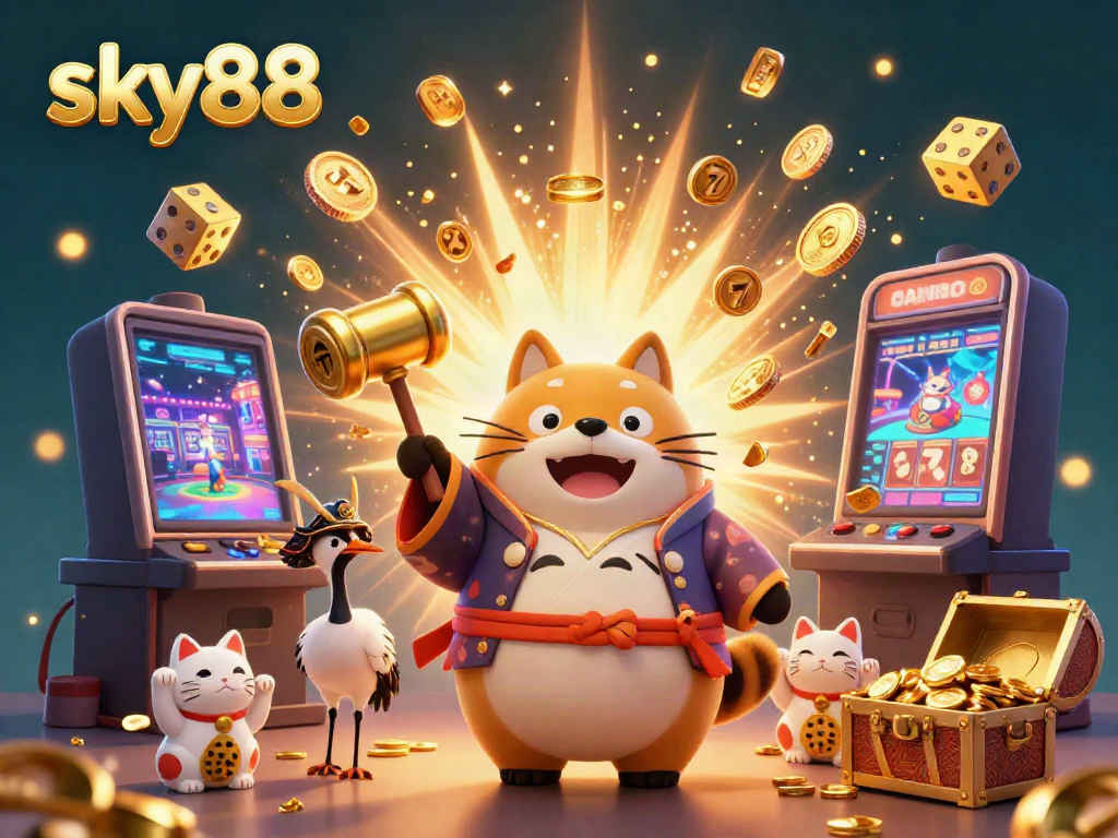 Experience the excitement of sky88 with a cheerful tanuki and fortune cats amidst a jackpot explosion.