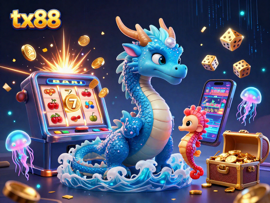 Engage with the thrilling tx88 casino experience, featuring a vibrant underwater scene filled with a water dragon, seahorse knight, and a slot machine.