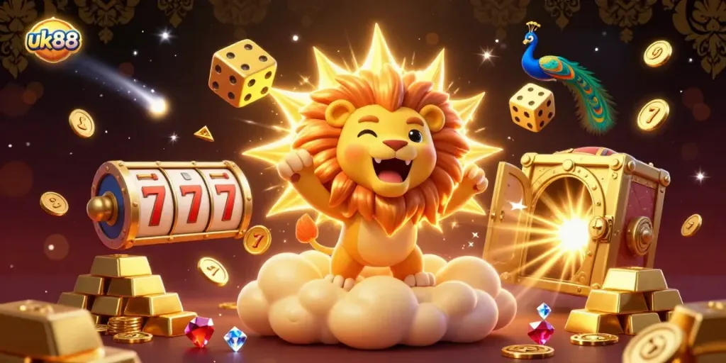 Experience immersive winning at uk88 with a vibrant 3D casino scene featuring games and gold treasures.