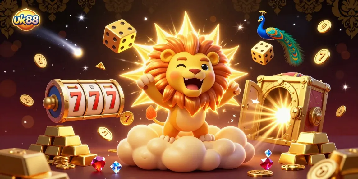 Experience immersive winning at uk88 with a vibrant 3D casino scene featuring games and gold treasures.