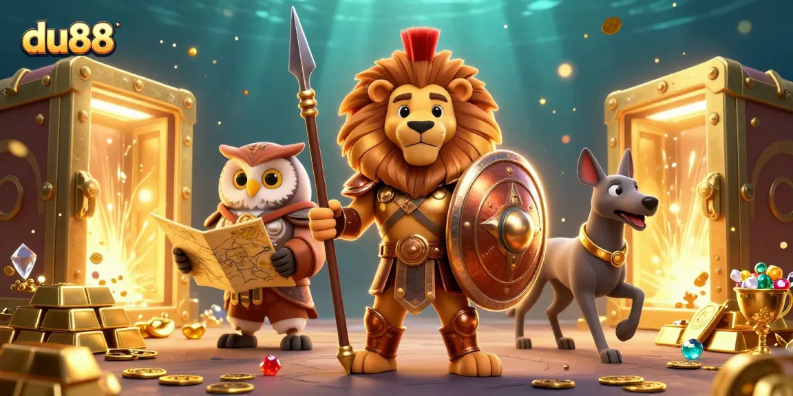 Engage with du88 as a Spartan lion leads the way in a vibrant casino scene filled with treasures.