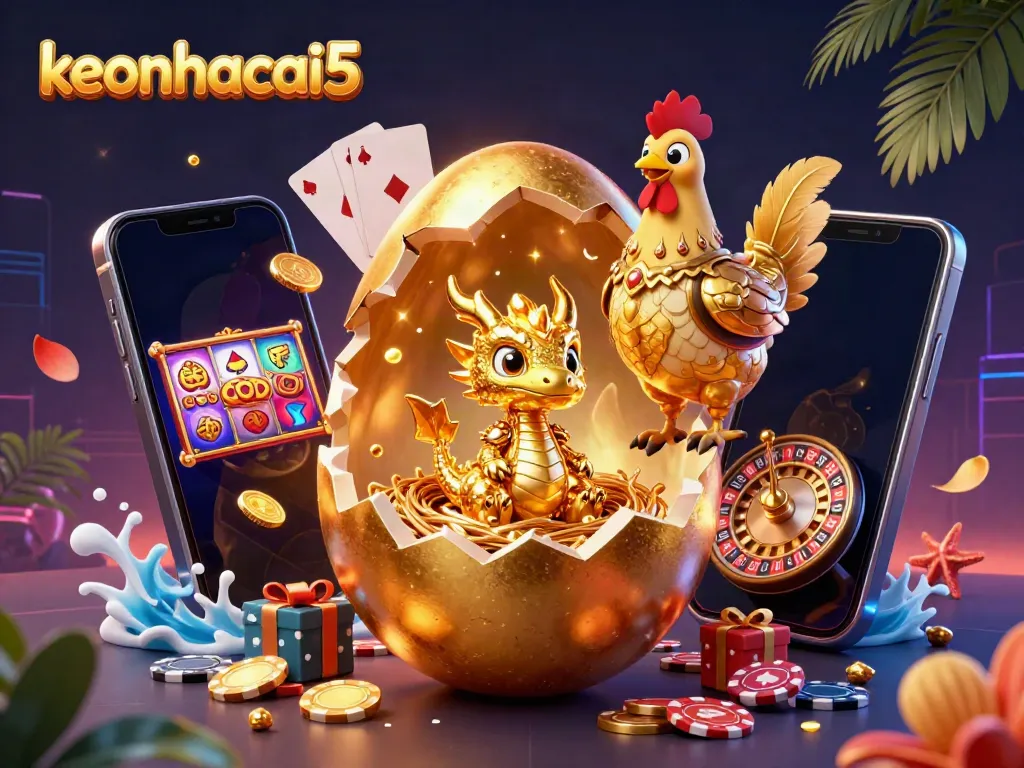 Join keonhacai5 for an exciting journey with a golden dragon amid dazzling casino elements.