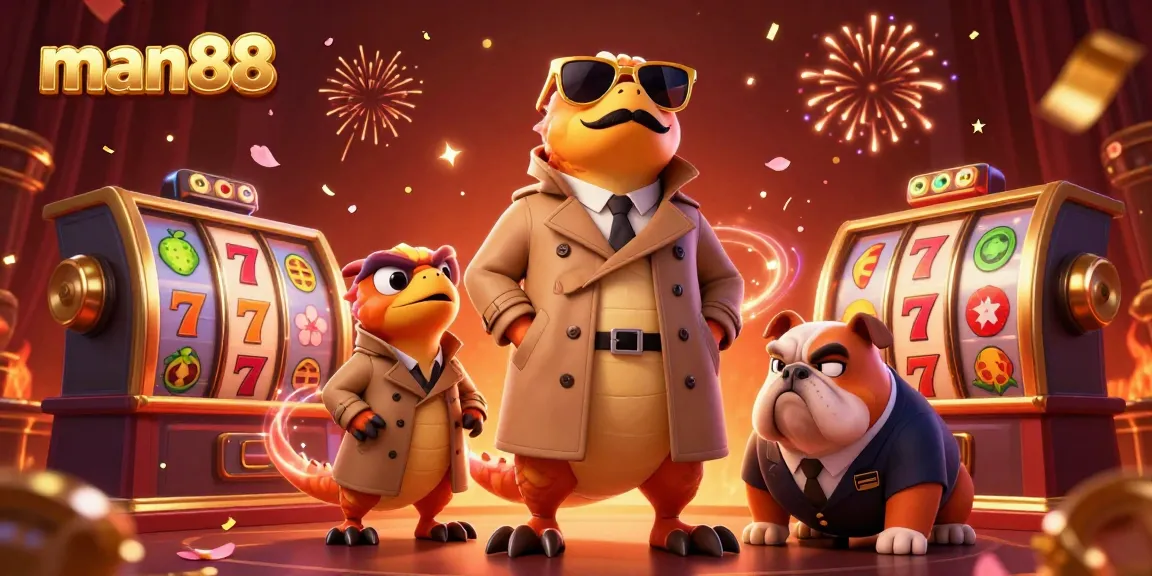 Join the excitement at man88 casino with animated raptors and dynamic slot reels in a vibrant setting.