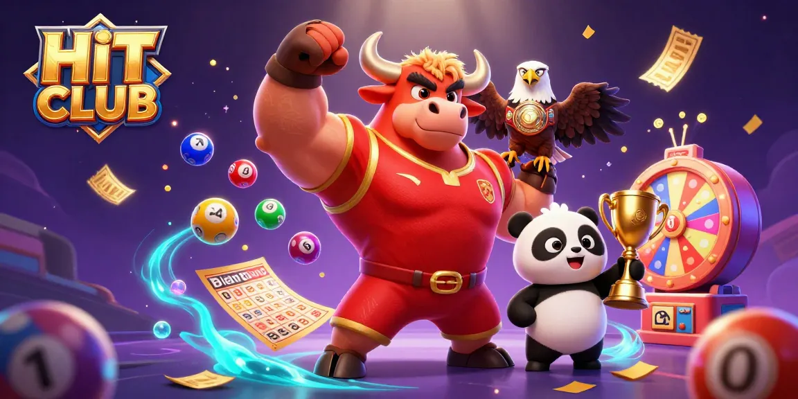 Hit Club celebrates victory with dynamic characters amidst colorful gambling elements and vibrant casino atmosphere.