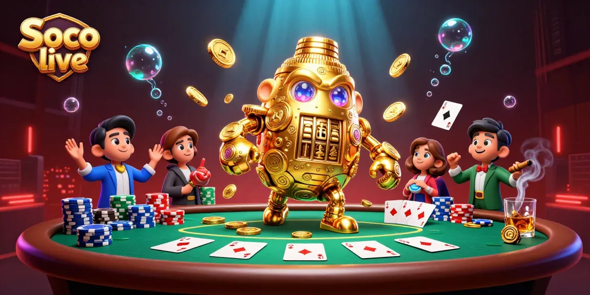 Engage with Soco live, a thrilling 3D casino scene featuring a golden golem amidst poker excitement.