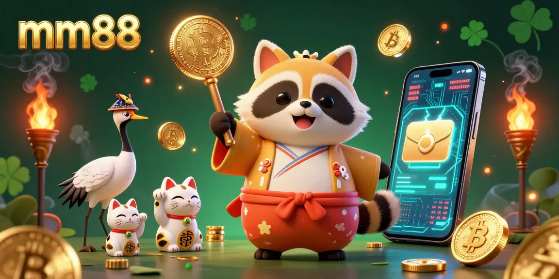 Experience the thrill of mm88 with a vibrant 3D casino illustration showcasing a cheerful tanuki, currency coins, and festive elements.