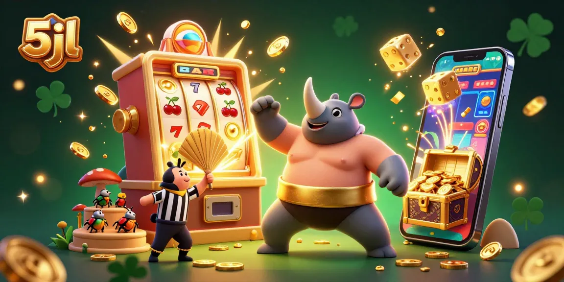 Engage with 5jl slot action featuring a rhinoceros beetle champion amidst a jackpot explosion of coins.