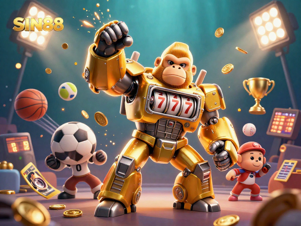 SIN88 showcases an explosive scene with a golden gorilla mech and flying sports elements in dynamic gambling action.