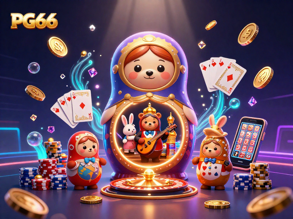 Experience thrilling wins with PG66 in a vibrant casino filled with animated characters and sparkling gems.