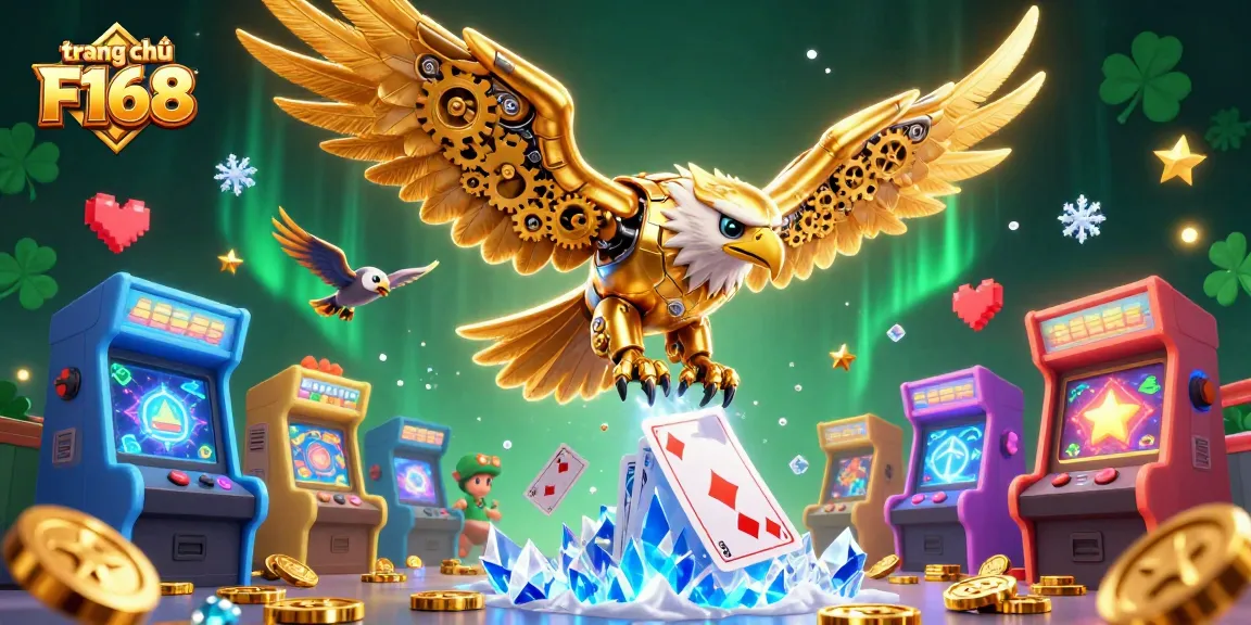 Experience thrilling gameplay on trang chủ F168 with a dynamic illustration of a cybernetic eagle and arcade elements.
