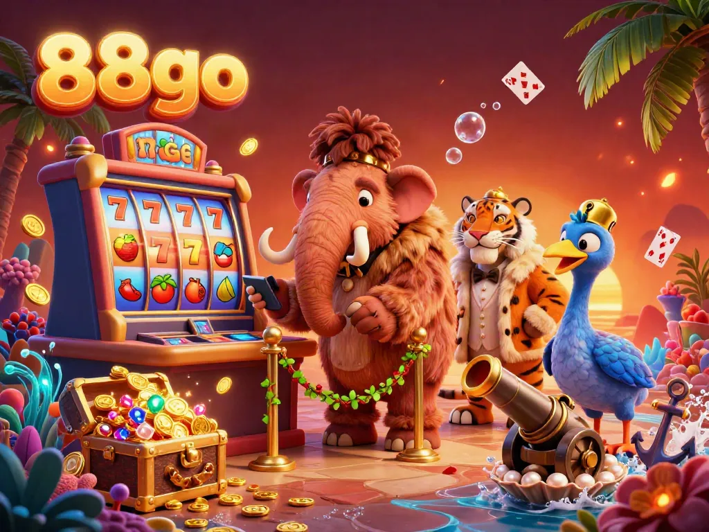 Experience 88go's vibrant casino atmosphere with mammoth bouncer and tiger VIP guest amid stunning gaming visuals.