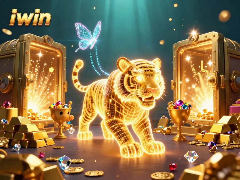 Join the excitement at iwin casino, featuring a golden tiger and vibrant gaming elements.