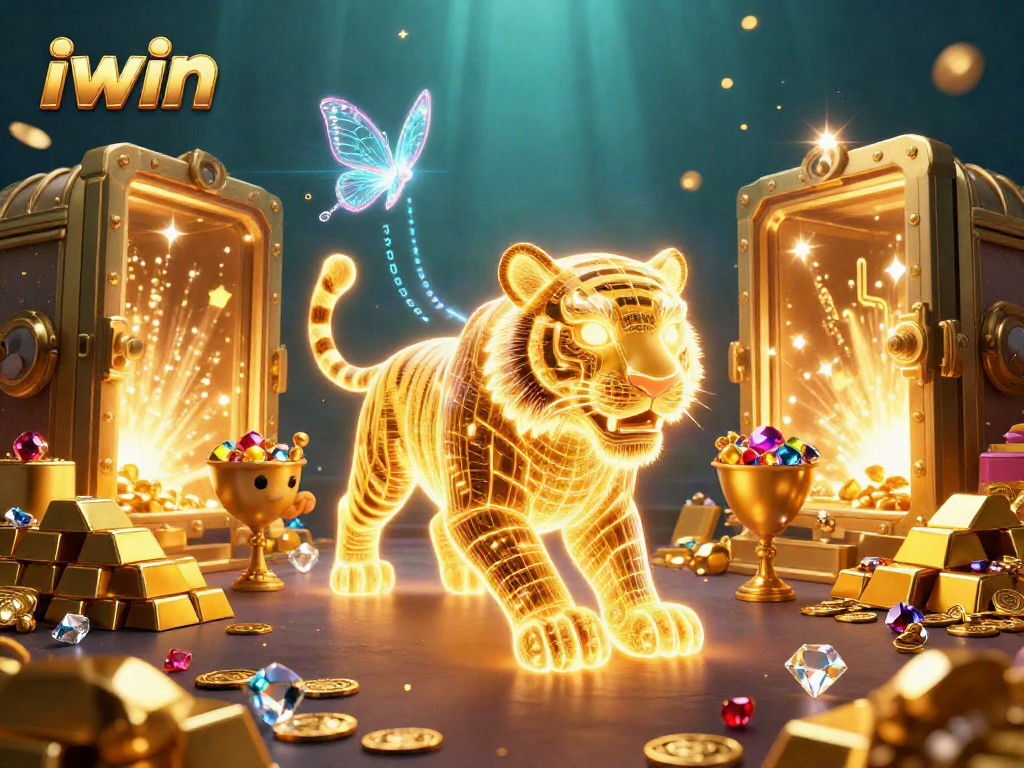 Join the excitement at iwin casino, featuring a golden tiger and vibrant gaming elements.