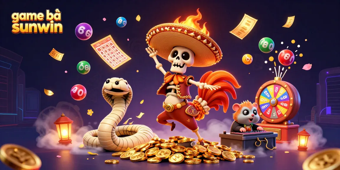 Experience game bài sunwin with festive characters reveling, vibrant lottery elements, and dynamic cash prizes.