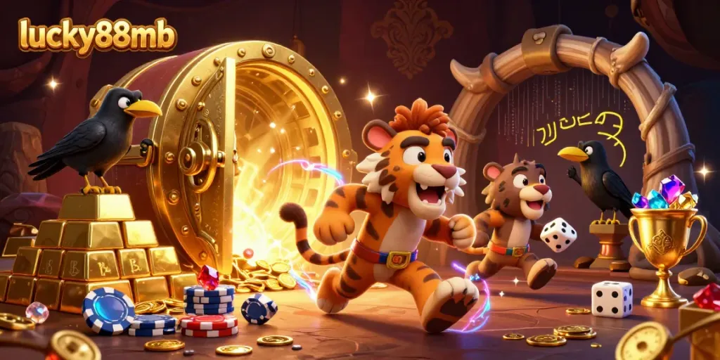 Experience the thrill of gambling at lucky88mb with a vibrant prehistoric casino illustration.