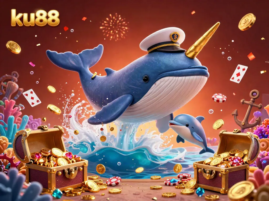 Experience thrilling wins at ku88 with a lively underwater spectacle featuring a cartoon whale, narwhal, and dolphins juggling poker chips.