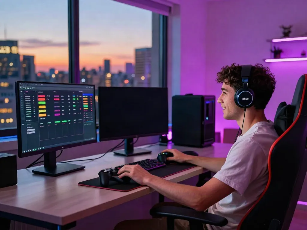 Engaged gamer using UK88 for online betting in a modern setup.