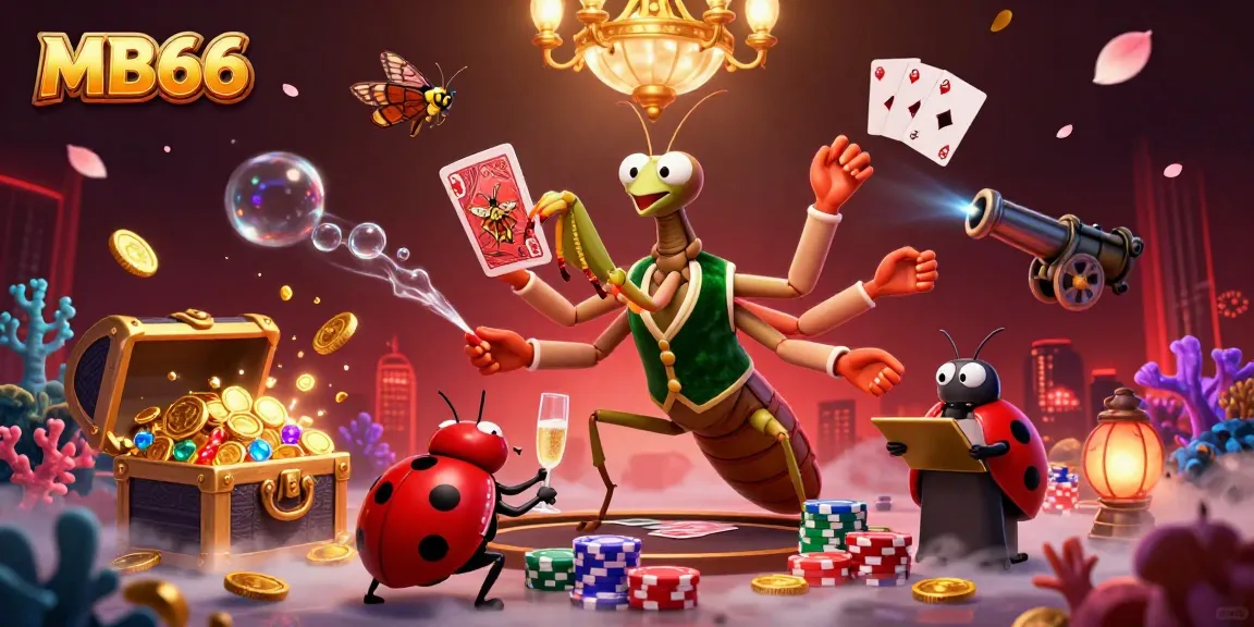 Experience the vibrant MB66 online casino scene with a giant cartoon praying mantis and ladybug pit boss dealing cards and pouring champagne.