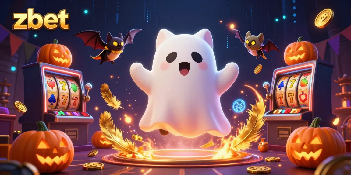 Engaging zbet illustration of a ghost cat in a haunted casino with slot machines and spooky elements.