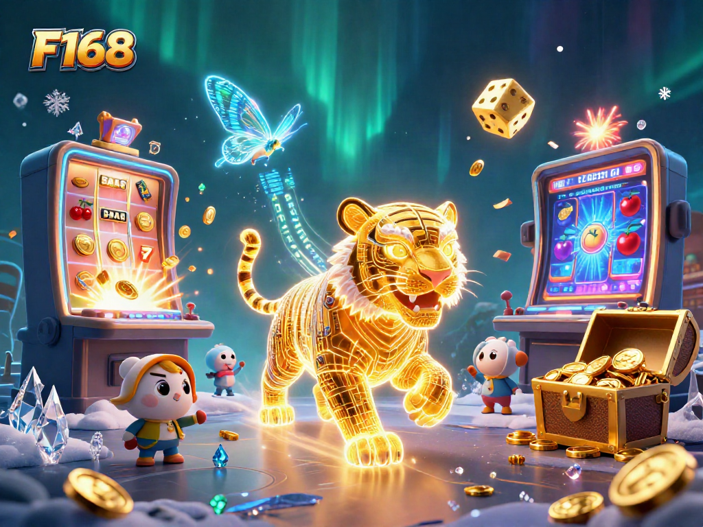 Experience thrilling F168 casino action with a vibrant scene featuring a golden tiger and bursting slot machine.
