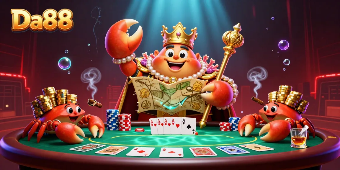 Engage with Da88's vibrant poker scene featuring a golden crab emperor, poker chips, and casino elements.