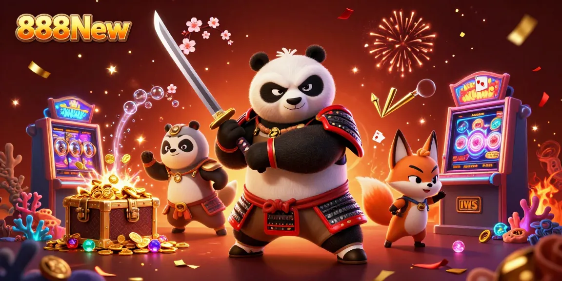 Join the excitement with 888New featuring a samurai panda, ninja fox, and tanuki in this vibrant casino scene.