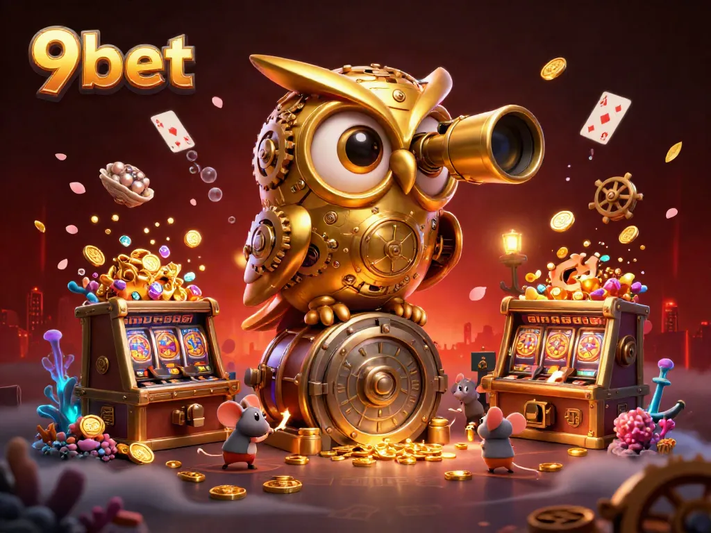 Experience exciting gaming with 9bet at this vibrant casino scene filled with gold coins and imaginative characters.