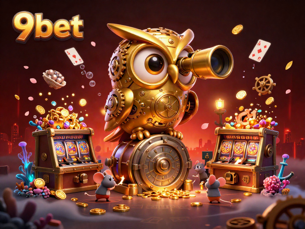 Experience exciting gaming with 9bet at this vibrant casino scene filled with gold coins and imaginative characters.