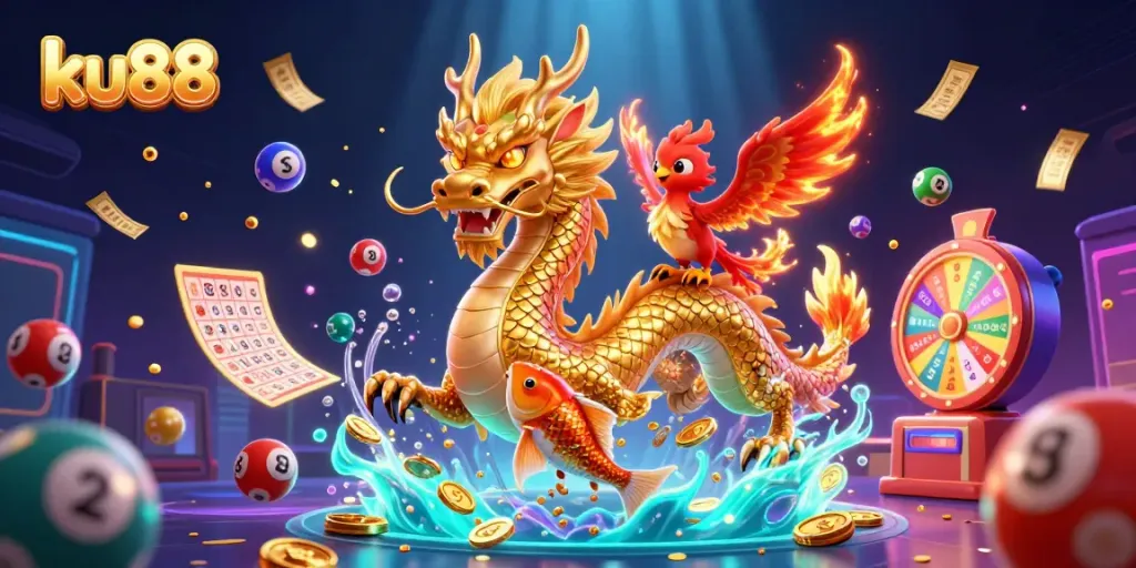 Play exciting games at ku88 with a dazzling golden dragon, phoenix, and koi fish surrounded by vibrant lottery elements.