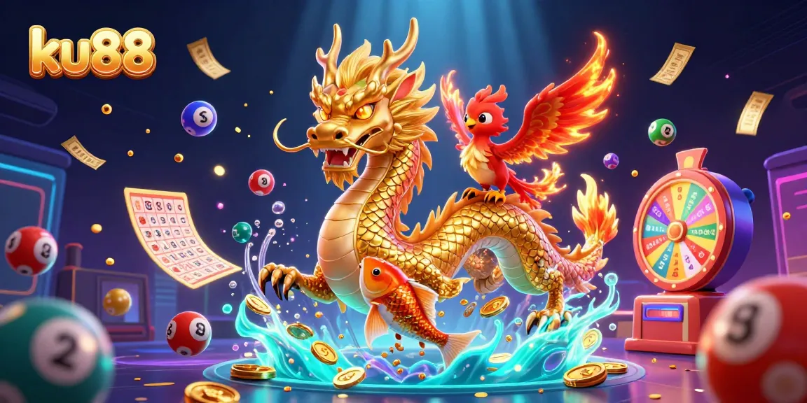 Play exciting games at ku88 with a dazzling golden dragon, phoenix, and koi fish surrounded by vibrant lottery elements.