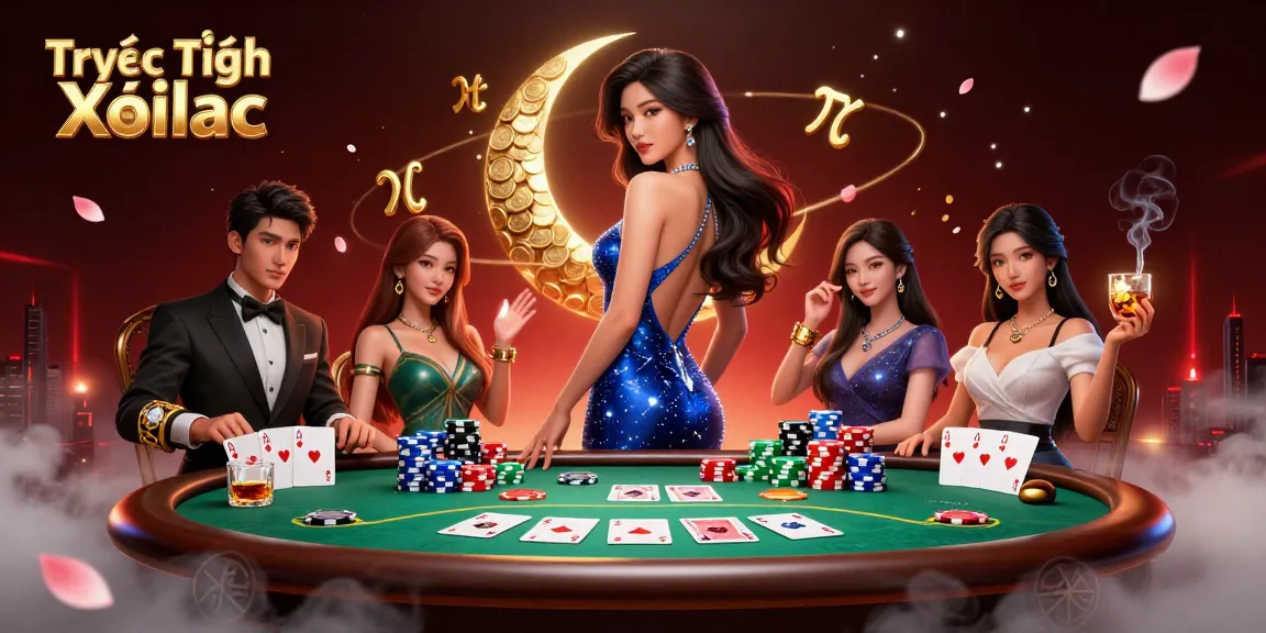 Experience Trực Tiếp Xoilac action with an elegant Asian woman amidst vibrant casino elements.