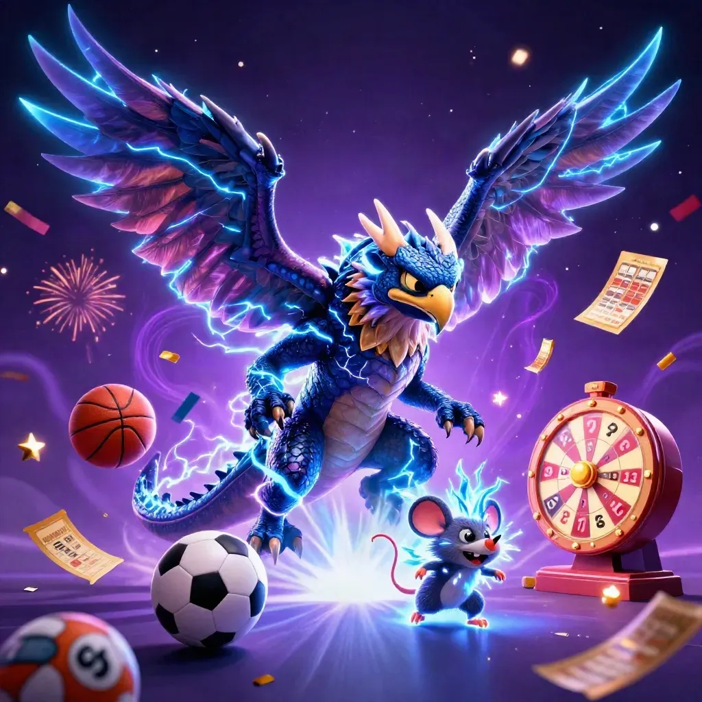 Şimşekli ejderha, kuş ve fare; etraflarında casino öğeleri ve spor topları uçuşuyor.
