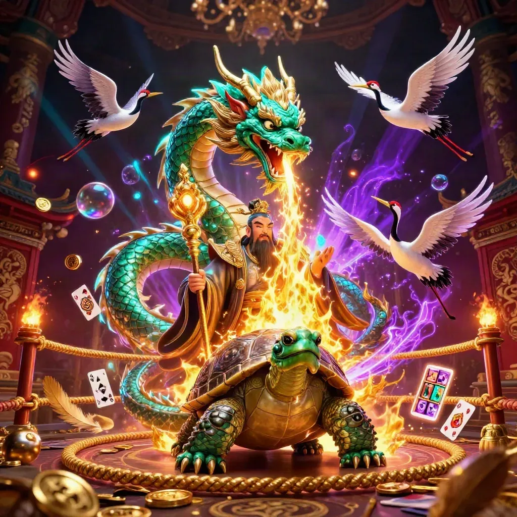 Yeşil ejderha, bilge kaplumbağa ve turnalar altın ışık içinde casino sahnesinde.