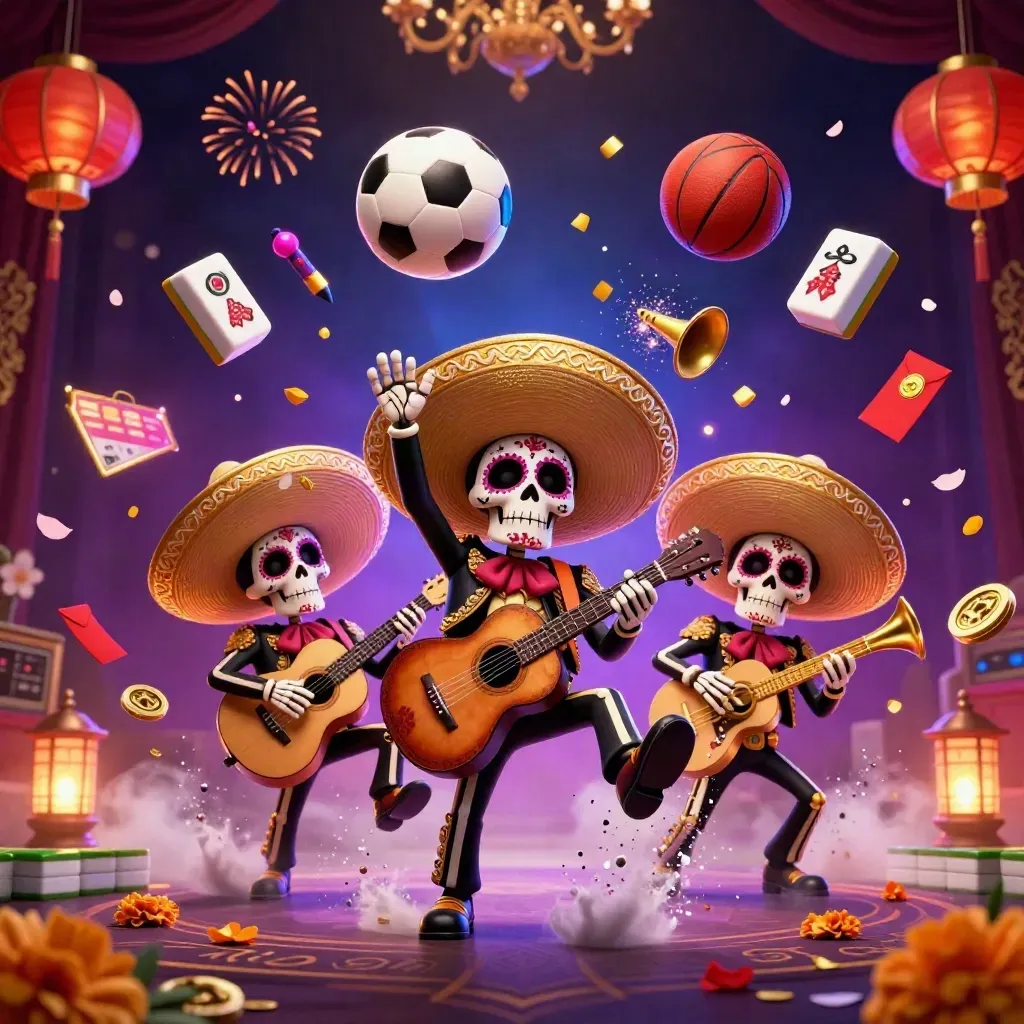 İskelet mariachi trio, uçan futbol topu ve basketbol, neon casino öğeleriyle dramatik gece sahnesi.
