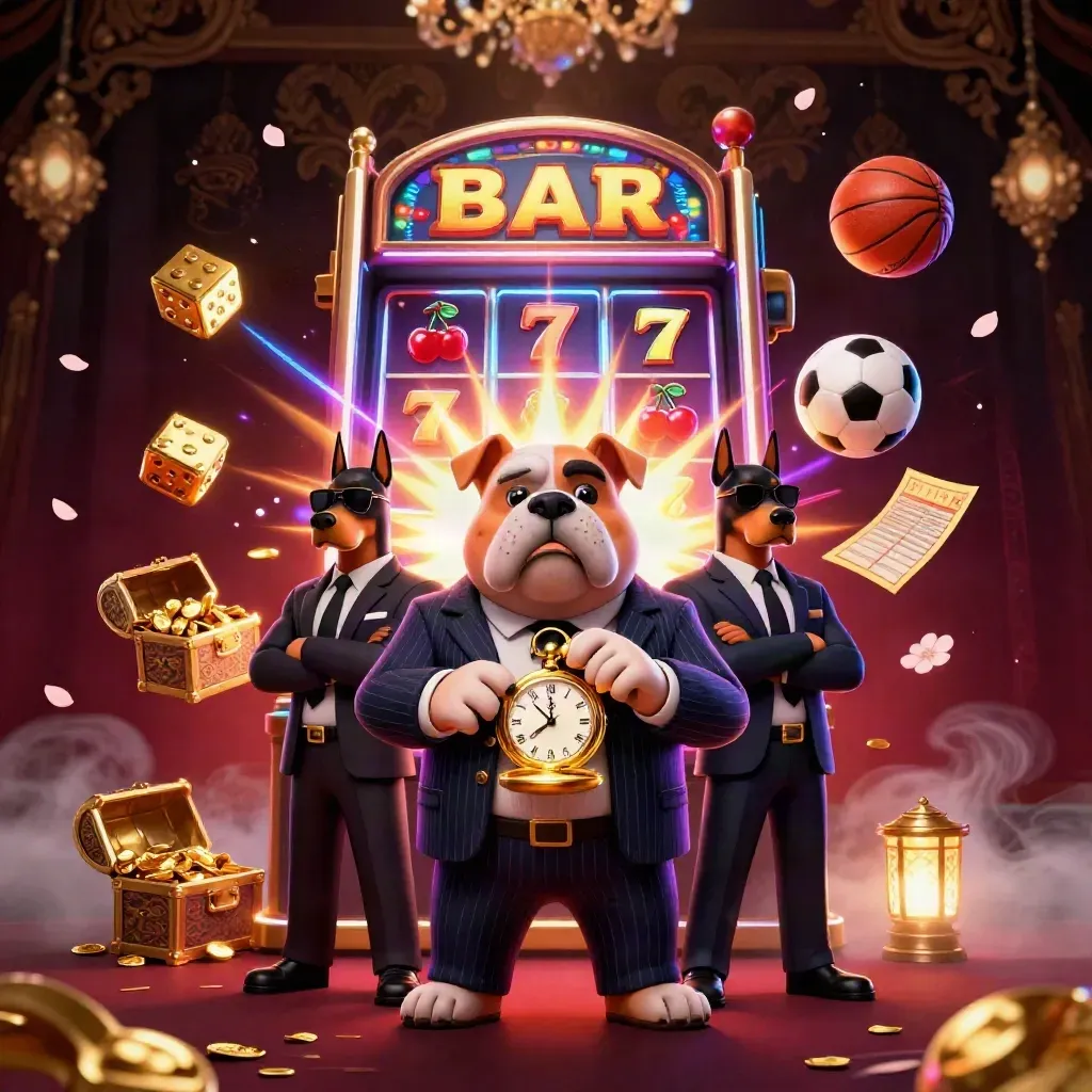 Karanlık casino sahnesinde takım elbiseli bulldog ve iki Doberman, patlayan slot makinesiyle birlikte